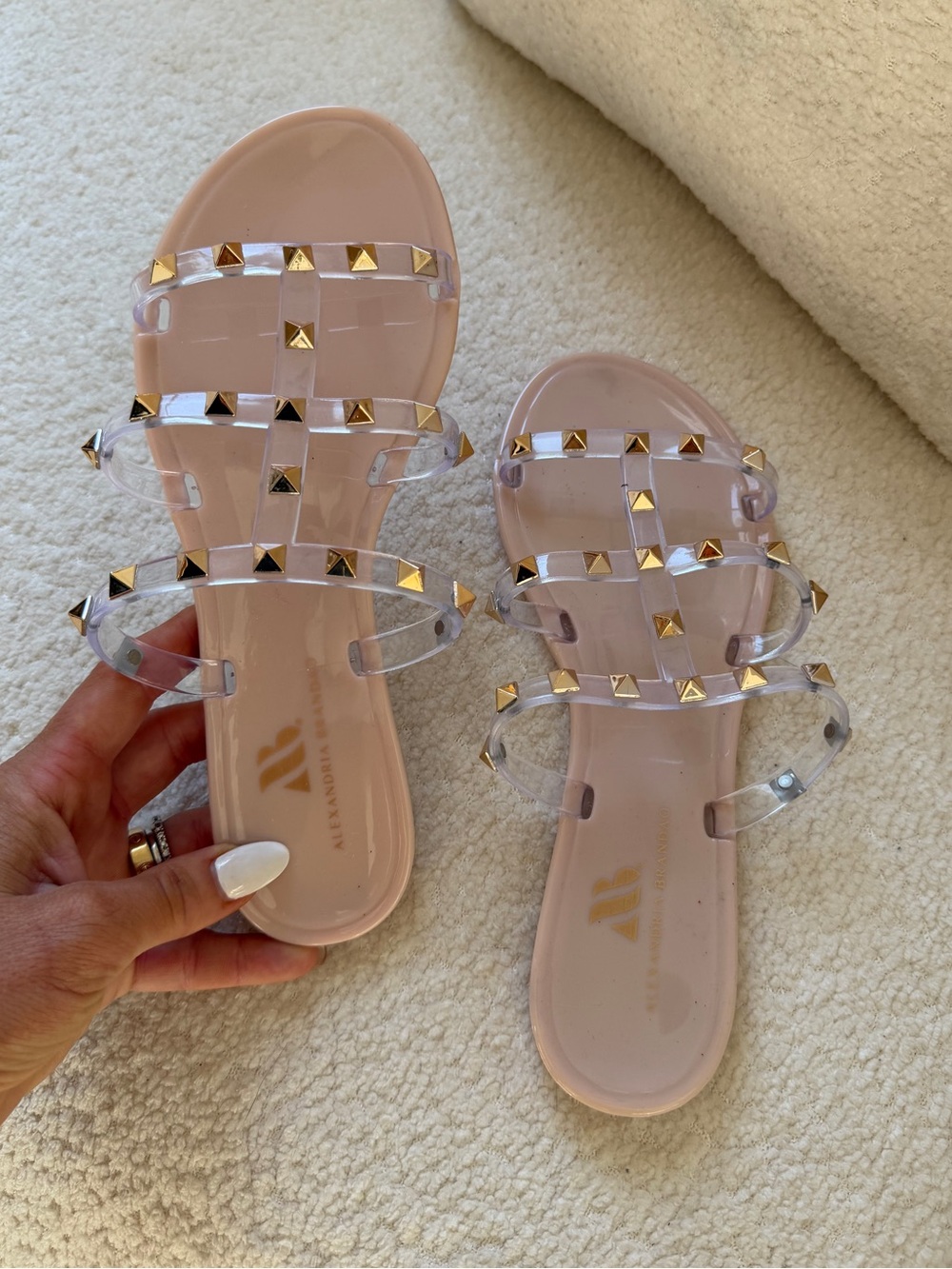 Limited Edition Alexandria Brandao Clear Blush Slide Sandals with Gold Studs